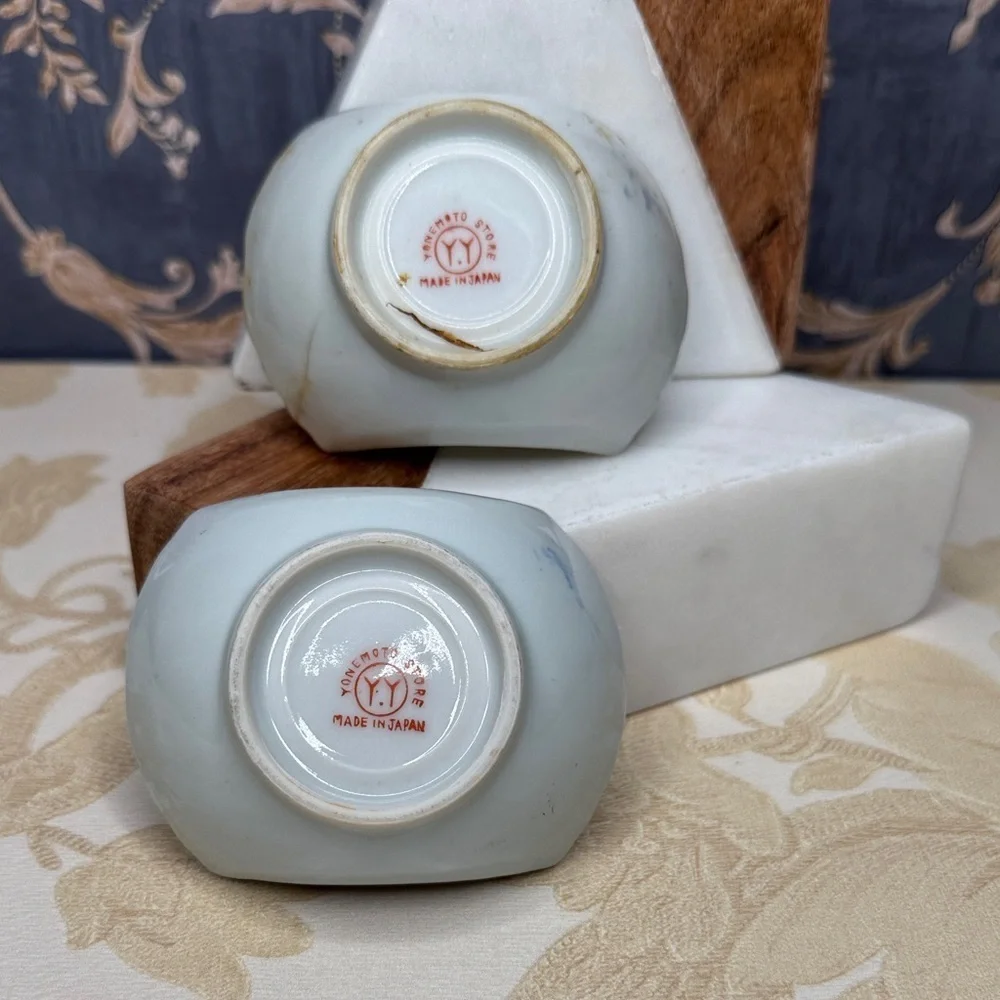 Vintage Pair Japanese Painted Butter Dish Y.Y Lobster Logo Yonemoto Store Hawaii